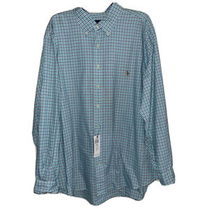 Ralph Lauren Mens 2XLB Blue Green White Micro Check Long Sleeve Oxford Shirt NWT
